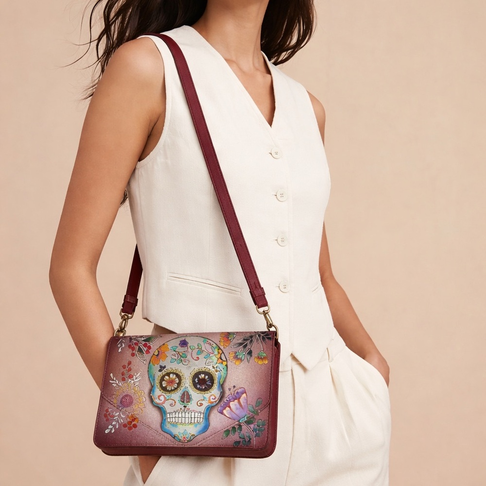 Anuschka Floral Skull Design Hand painted
 Crossbody Bag NEW